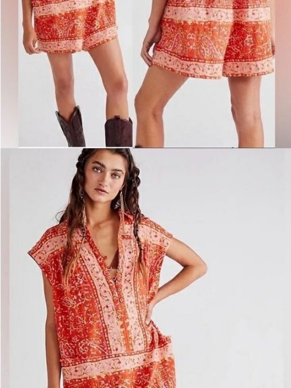 Free People Telly Romper Red Pink Paisley Boho M